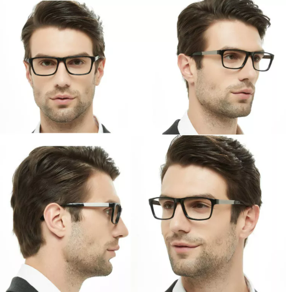 male model showing black frame glasses' styles