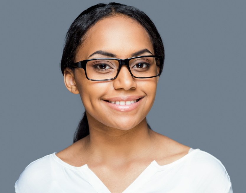 a young lady wearing high index lens