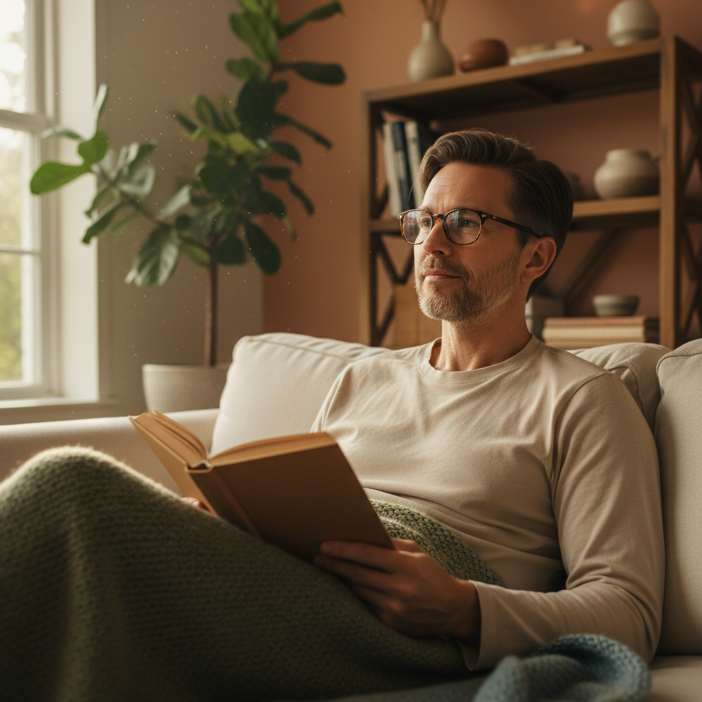 A person calmly adapting to new glasses while sitting in a safe and familiar living room environment.