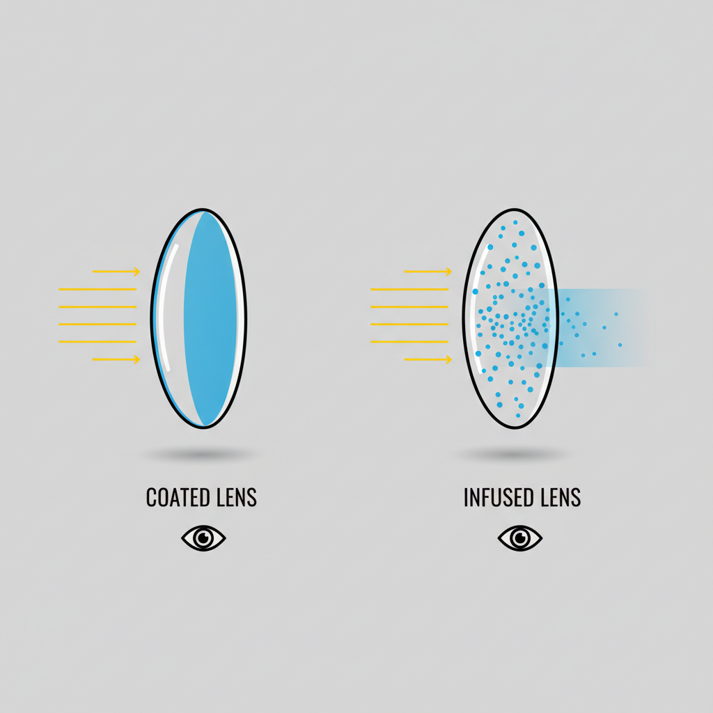A technical diagram comparing the cross-section of a coated lens with an infused lens, showing where the blue light filter is located in each.