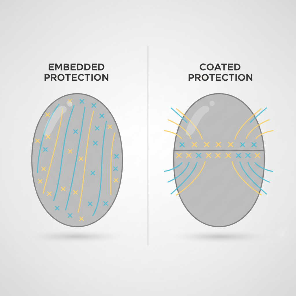An infographic comparing embedded UV protection within the lens material versus an applied UV coating on the surface.
