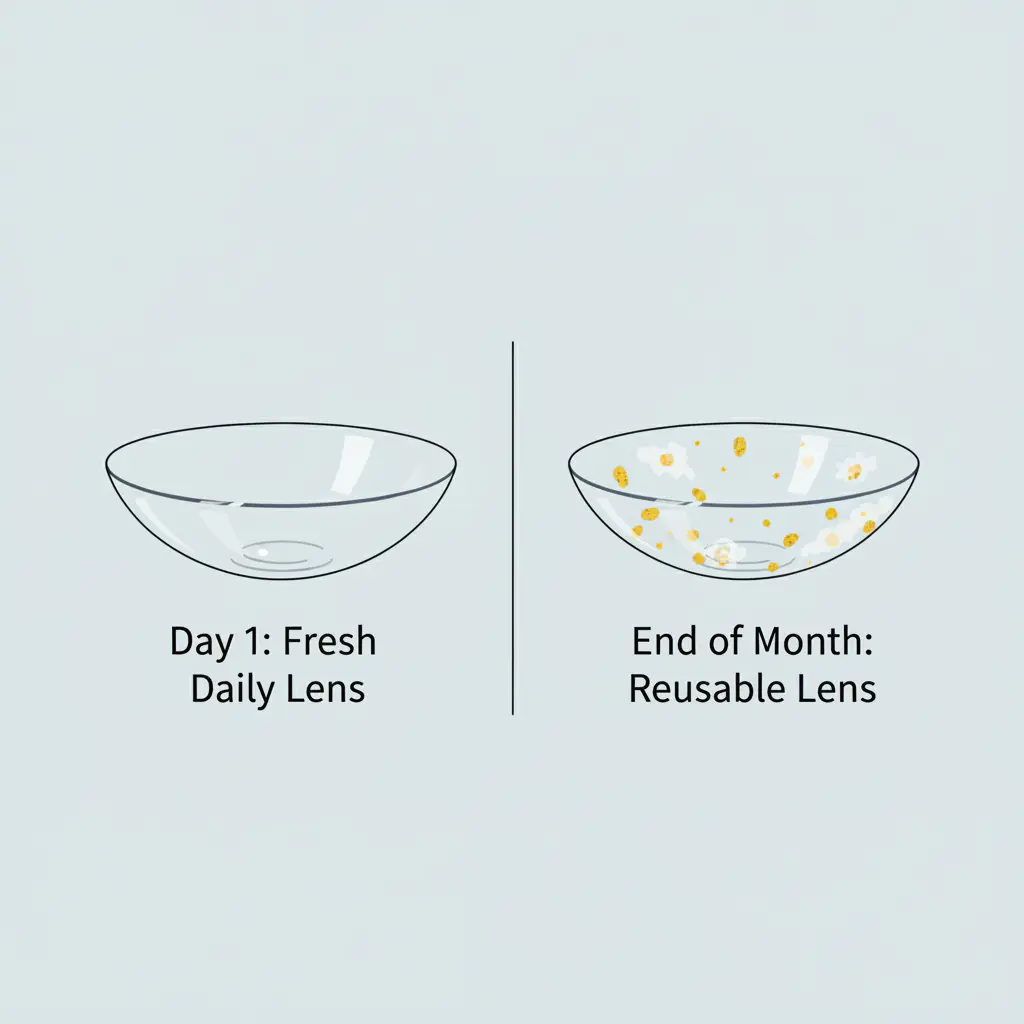 An illustration comparing a clean, fresh daily disposable lens to a reusable lens covered in pollen and deposits.