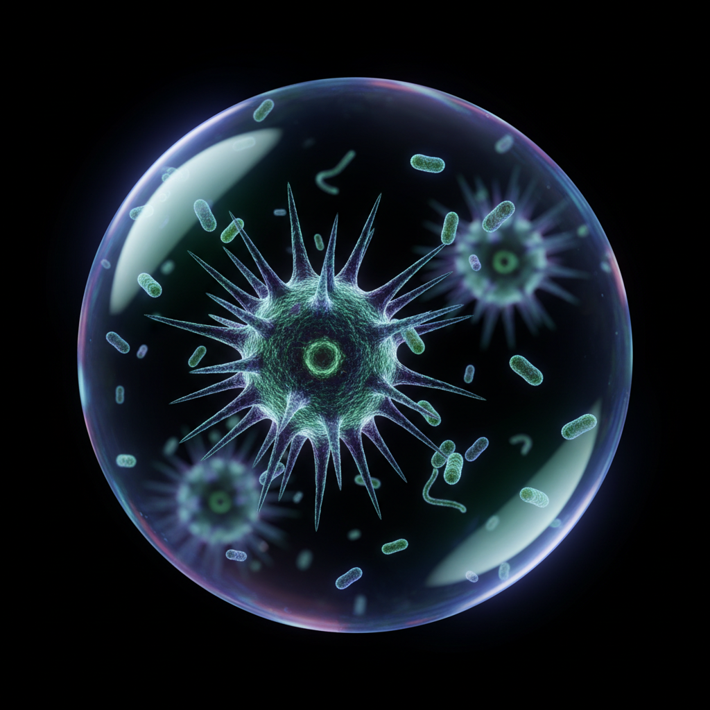 A microscopic, stylized view of Acanthamoeba parasites and bacteria floating in a droplet of water, emphasizing the hidden dangers in tap water.