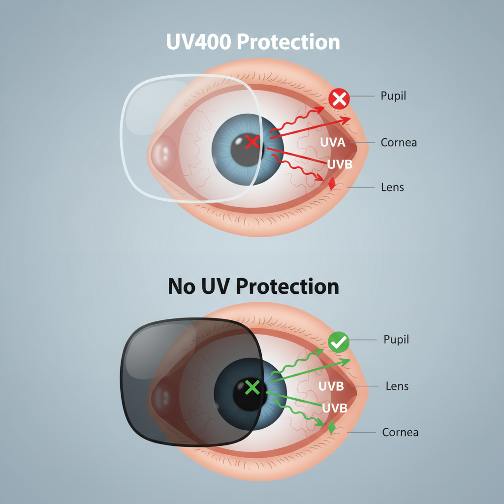 An illustration demonstrating how UV400 lenses block harmful UVA and UVB rays while non-protective dark lenses allow them to enter a dilated pupil.