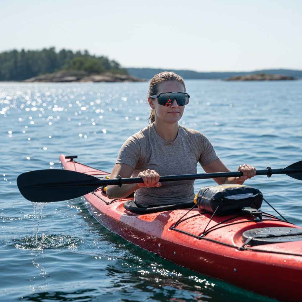 A wide-angle, action shot of a person with light green eyes wearing large, wraparound-style sunglasses while kayaking on a bright, sunny day. The water is sparkling, reflecting the intense sunlight, demonstrating a high-glare environment where peripheral protection is crucial. The person looks comfortable and protected. realistic photography, vibrant colors.