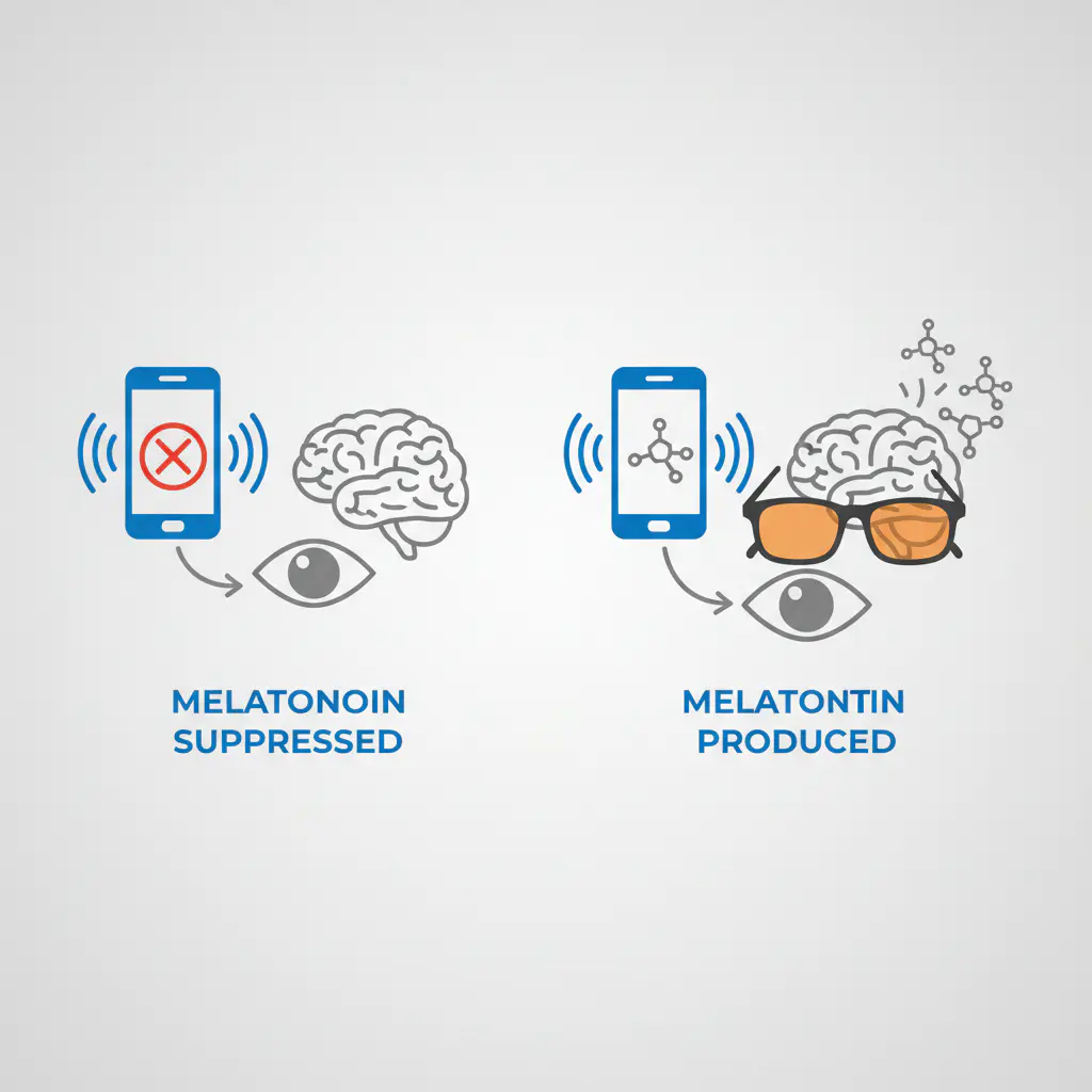 A diagram showing how blue light from a screen enters the eye and sends a signal to the brain to suppress melatonin production.