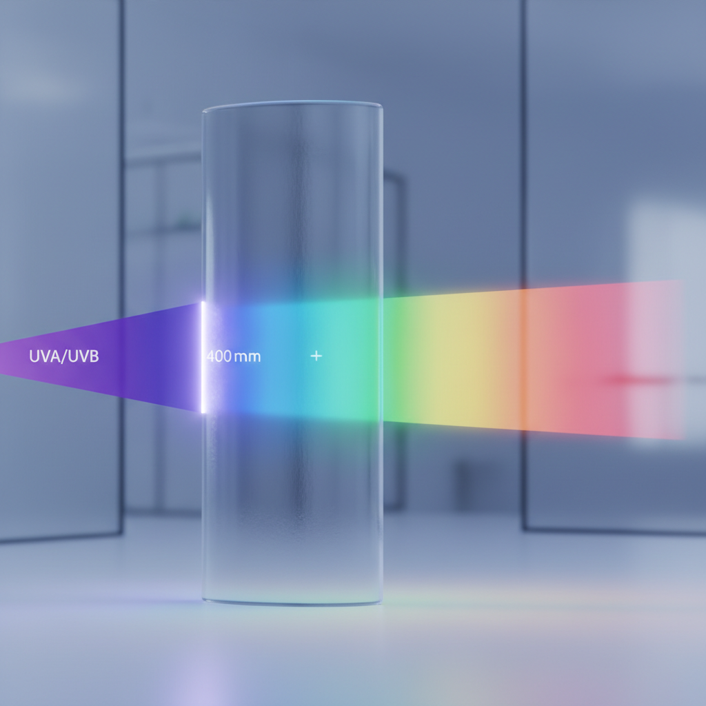 A scientific diagram concept visualizing the UV spectrum, highlighting the difference between UV380 and UV400 protection zones.