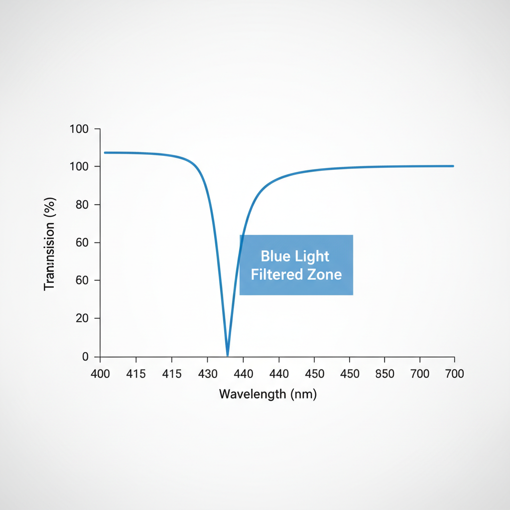 A spectrophotometer graph showing the light transmission curve of a premium blue light filtering lens, indicating selective filtration of blue-violet light around the 455nm wavelength.