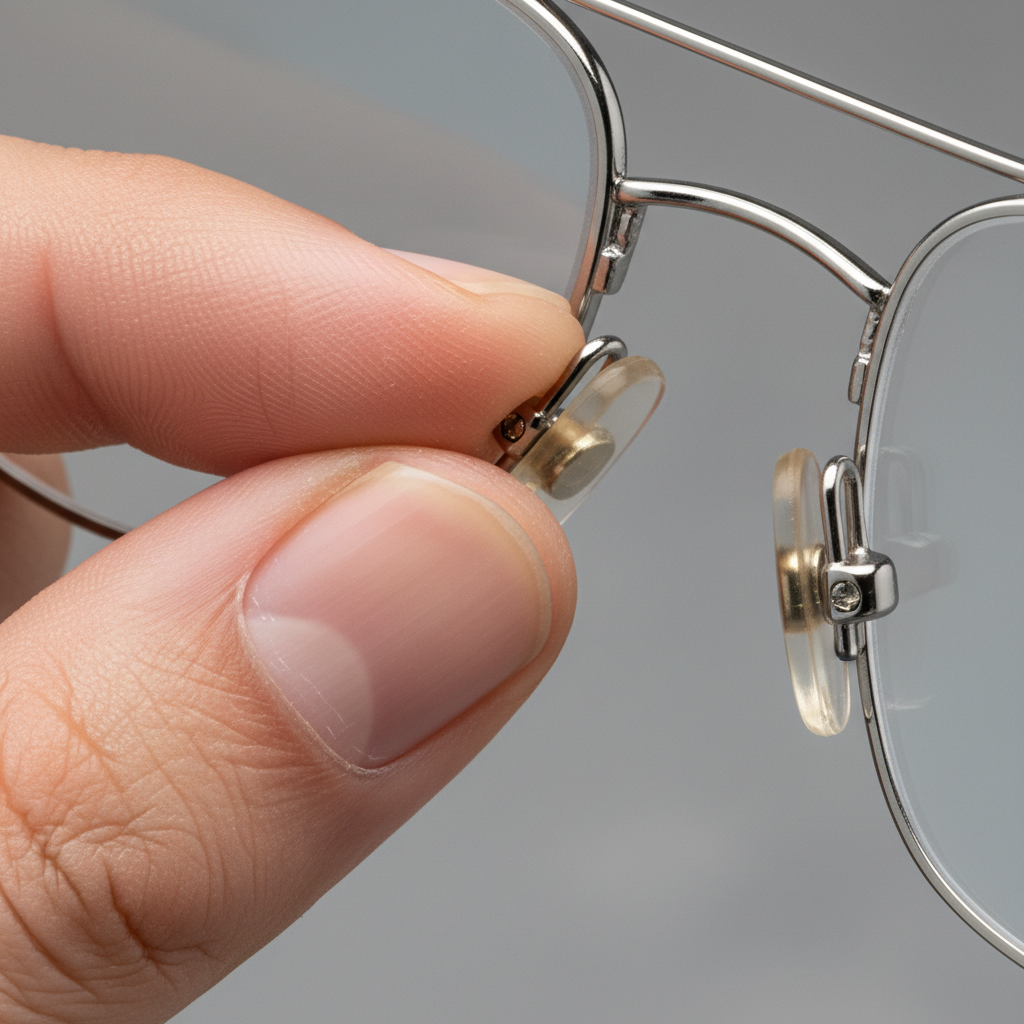 A close-up view of hands making a precise adjustment to the nose pads of a pair of sunglasses for a custom fit.