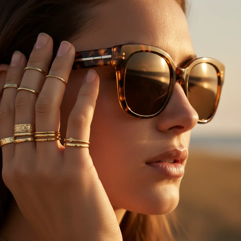 A close-up shot of a woman wearing tortoiseshell sunglasses, with her hand showcasing gold rings that complement the frame's warm tones.