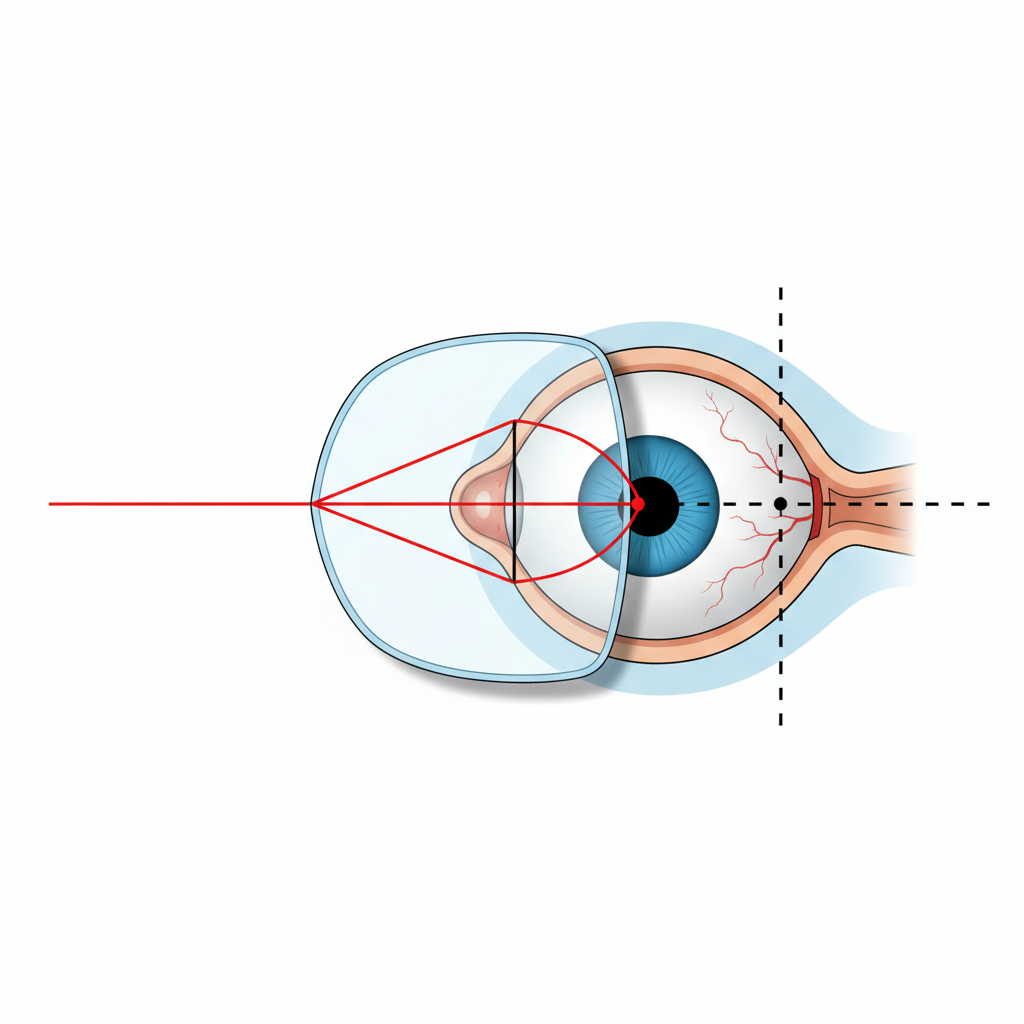 Scientific diagram explaining how a prism lens redirects light to correct for eye misalignment and alleviate double vision.