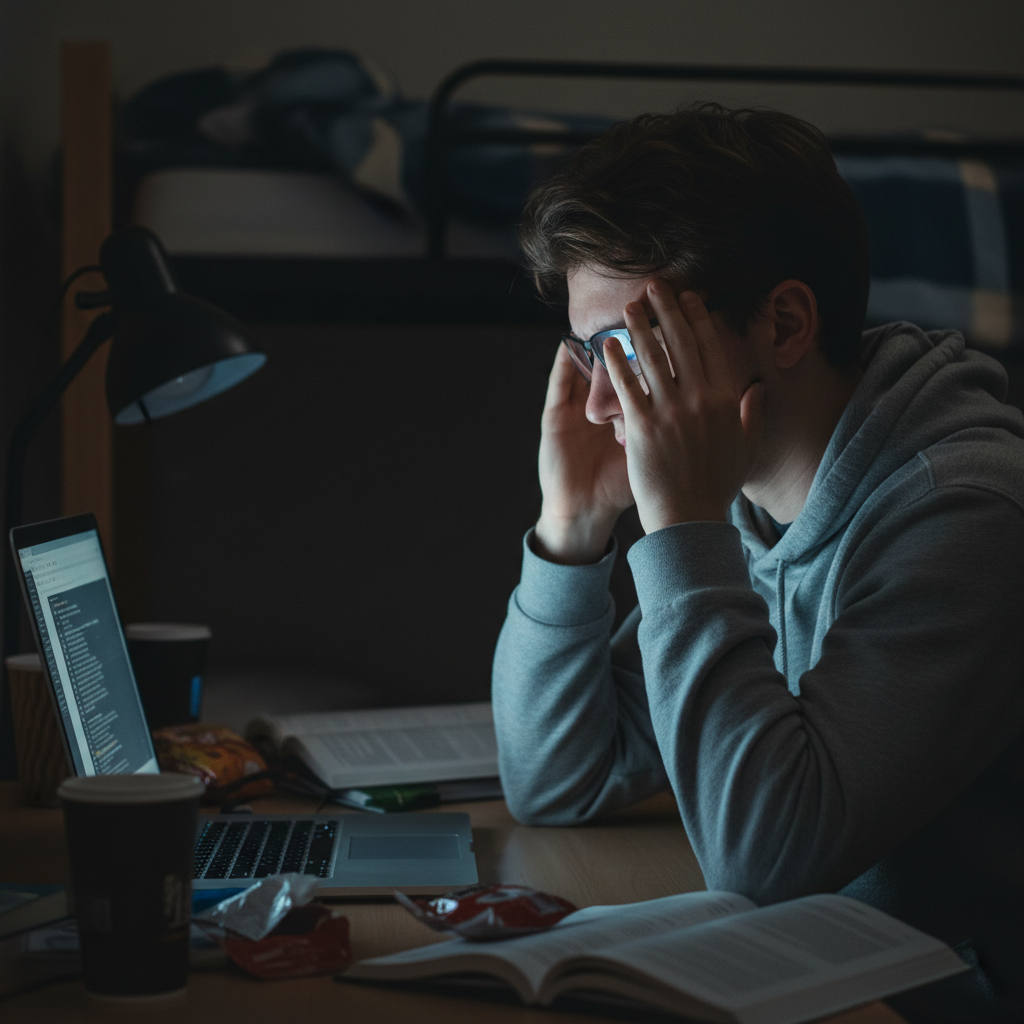A student experiencing eye strain and a headache while trying to study on a laptop.
