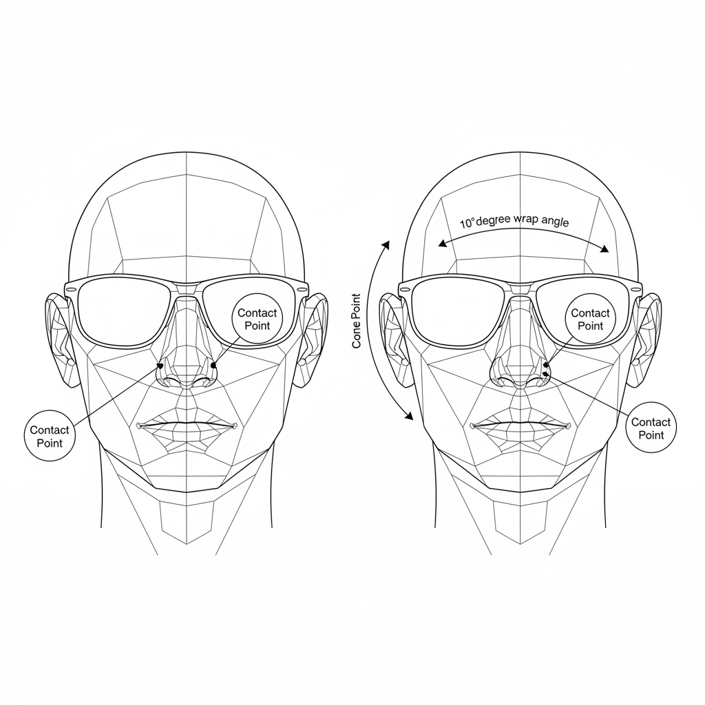 A diagram showing the three-point fit system for secure sunglasses, with contact points on the nose and behind the ears.