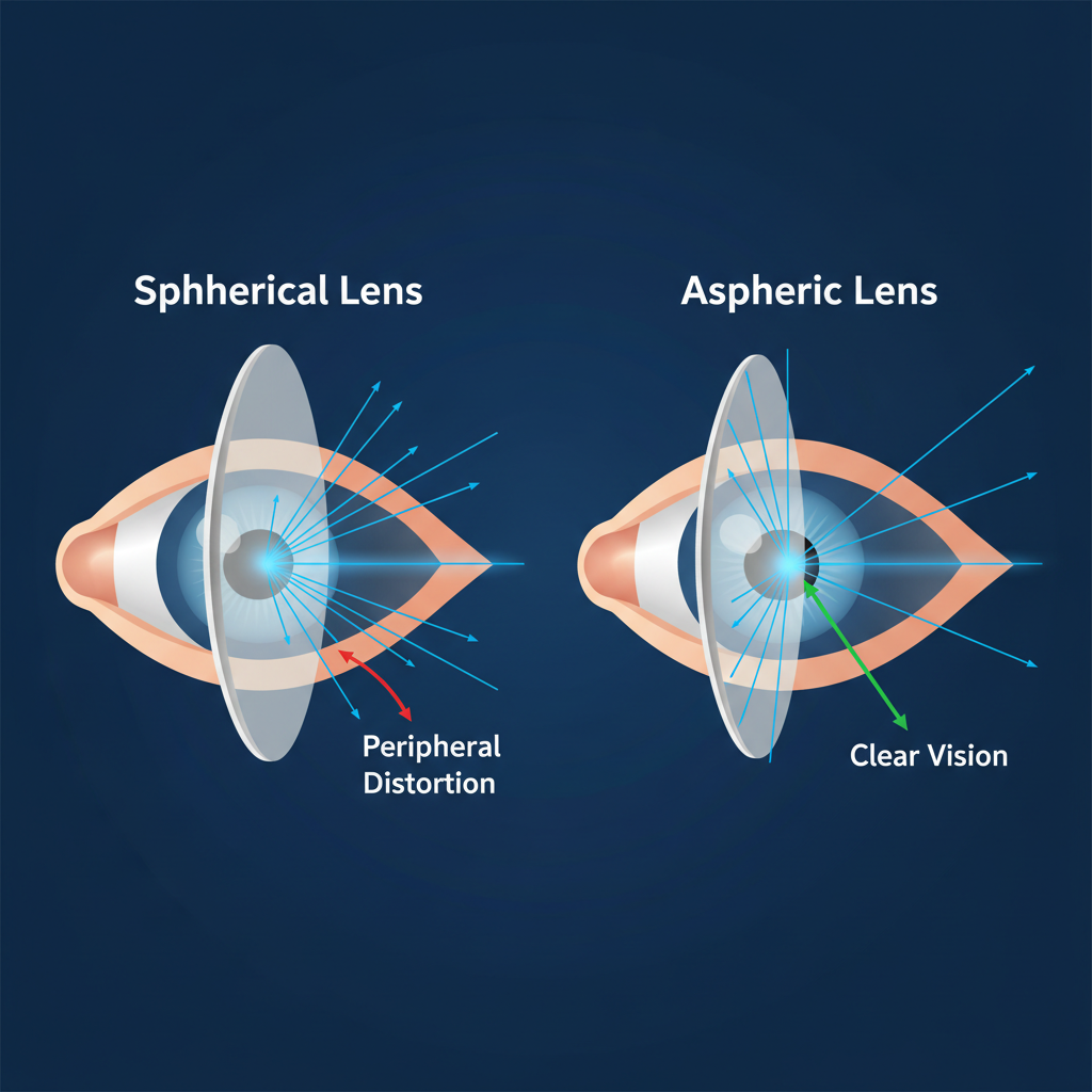 A diagram showing how light rays bend incorrectly through the periphery of a thick, spherical lens, causing distortion, contrasted with light rays bending correctly through a thin, aspheric lens for a clear, wide field of view.