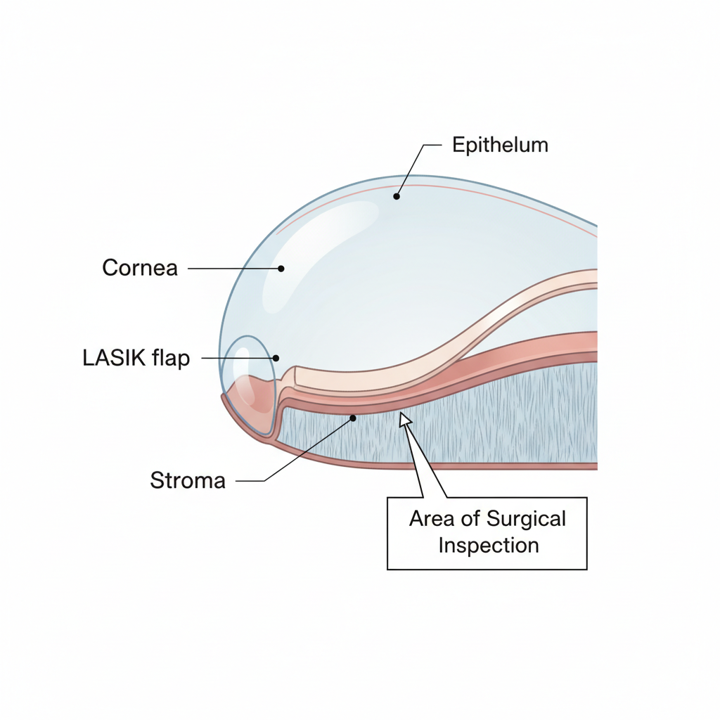 A clean medical illustration showing a cross-section of the eye, with labels for the Cornea, LASIK flap, Stroma, and the area of surgical inspection.