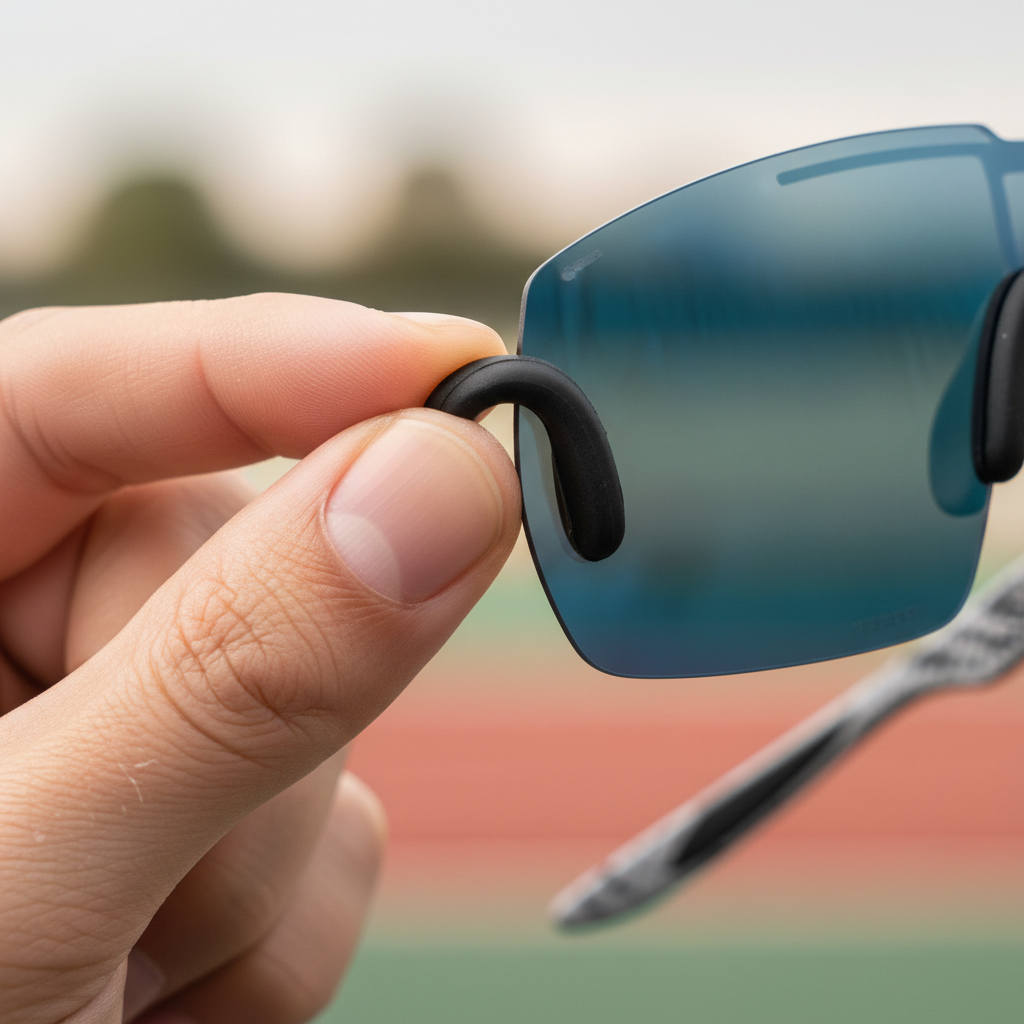 A person carefully adjusting the soft nose pads of sports sunglasses to achieve a customized, secure fit.