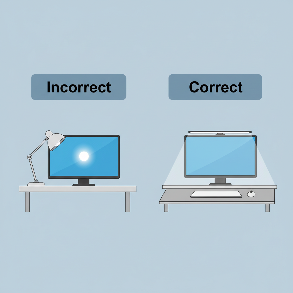A clear, side-by-side comparison diagram showing the incorrect way to place a lamp (beside the monitor, causing glare) versus the correct way (using a monitor light bar for even, non-reflective light).