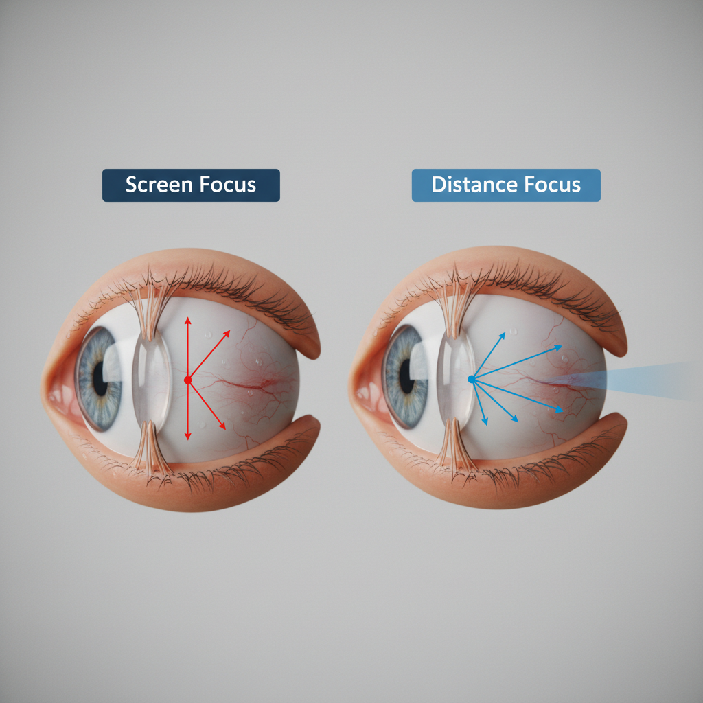 Diagram showing how the eye's ciliary muscle tenses for close-up screen work and relaxes when looking at a distant object.