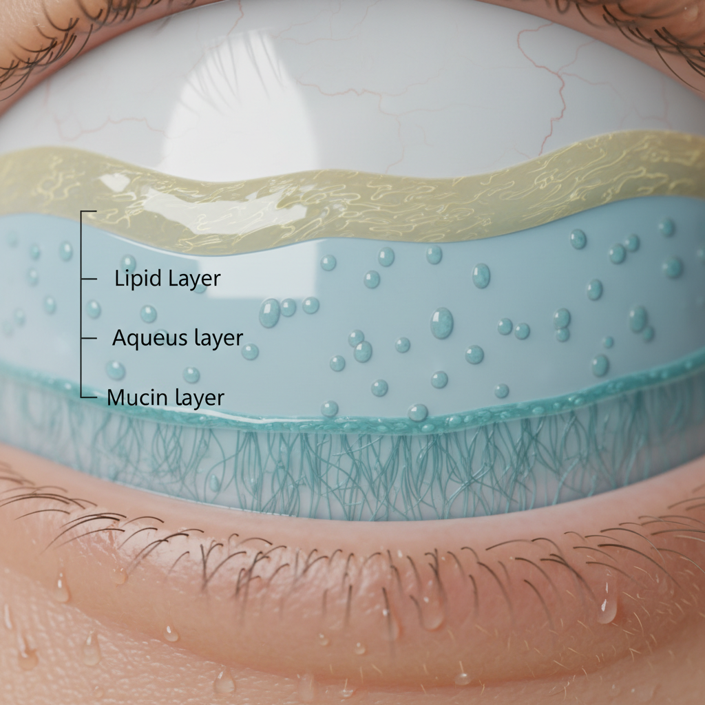 Technical illustration of the eye's tear film layers, showing the lipid, aqueous, and mucin layers protecting the cornea.