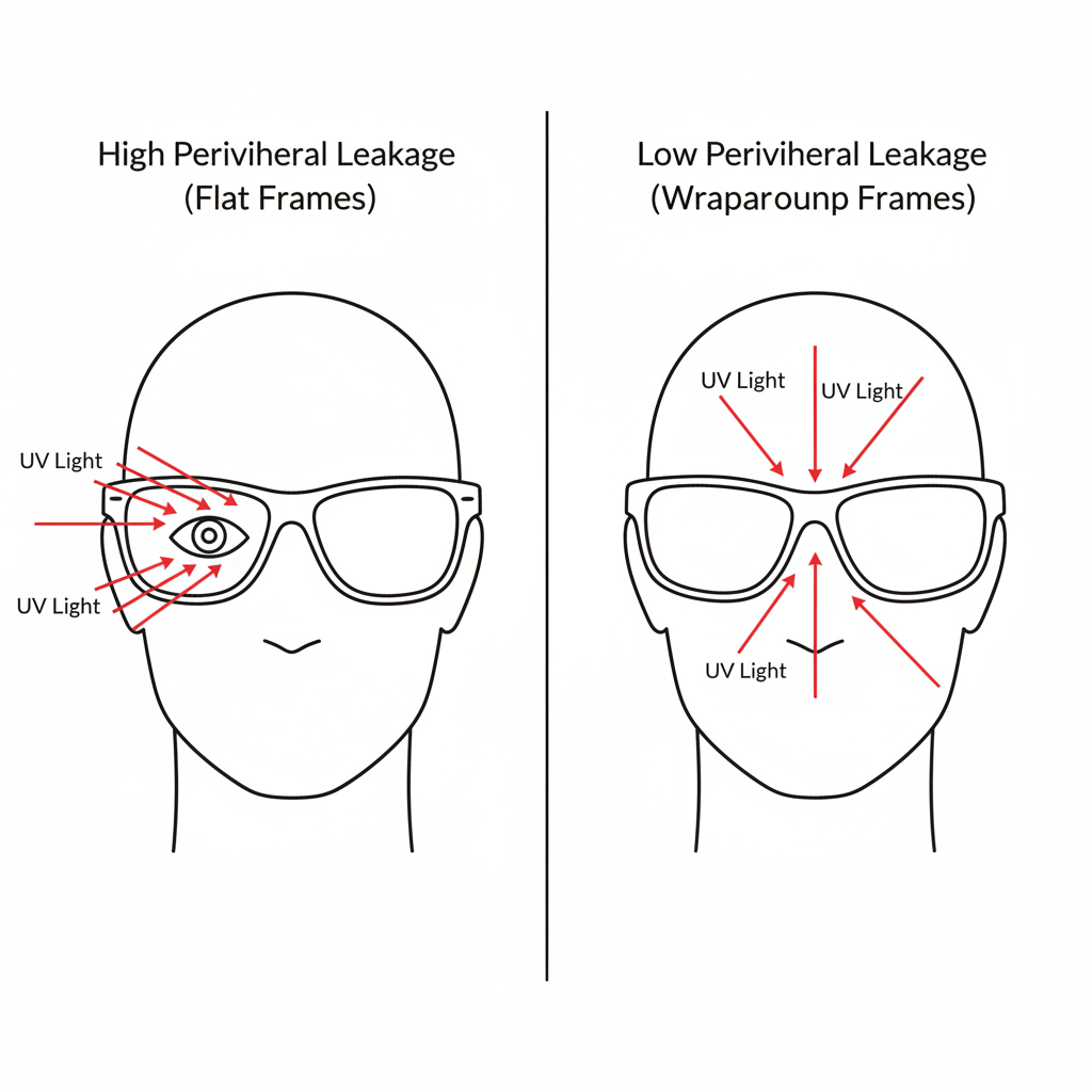 A top-down diagram showing how wraparound sunglasses block peripheral light compared to flat frames.