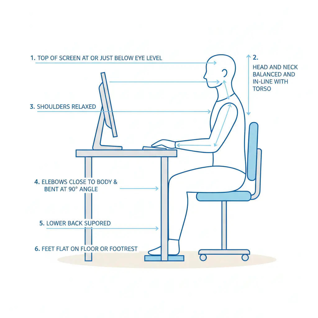A diagram illustrating the correct ergonomic posture for a student at a computer desk, with labels showing eye-level with the top of the monitor, a 90-degree angle at the elbows, and feet flat on the floor.
