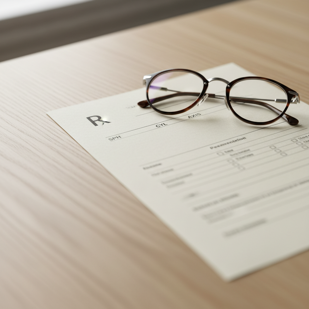 A detailed view of an eyeglass prescription paper with a modern pair of glasses, illustrating the process of reading optical details.