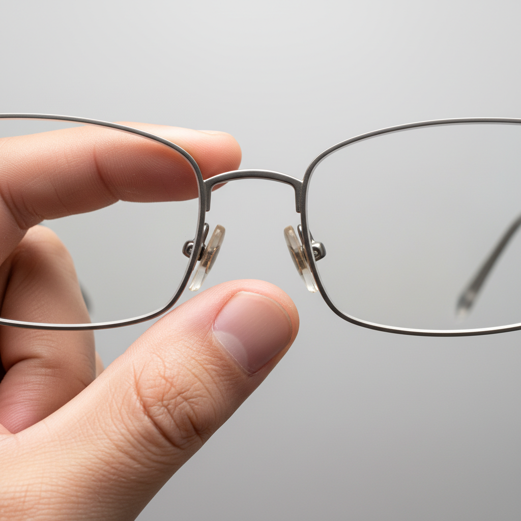 A close-up macro shot of a hand carefully adjusting the silicone nose pads on a pair of lightweight titanium glasses.