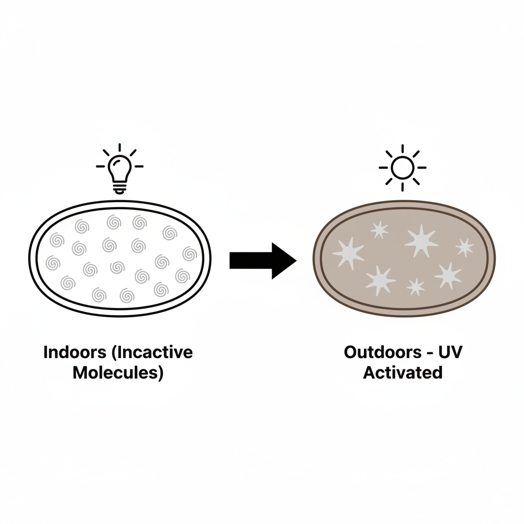An illustration showing how photochromic molecules in a lens are closed and clear indoors, and then open up and darken when exposed to UV rays from the sun.