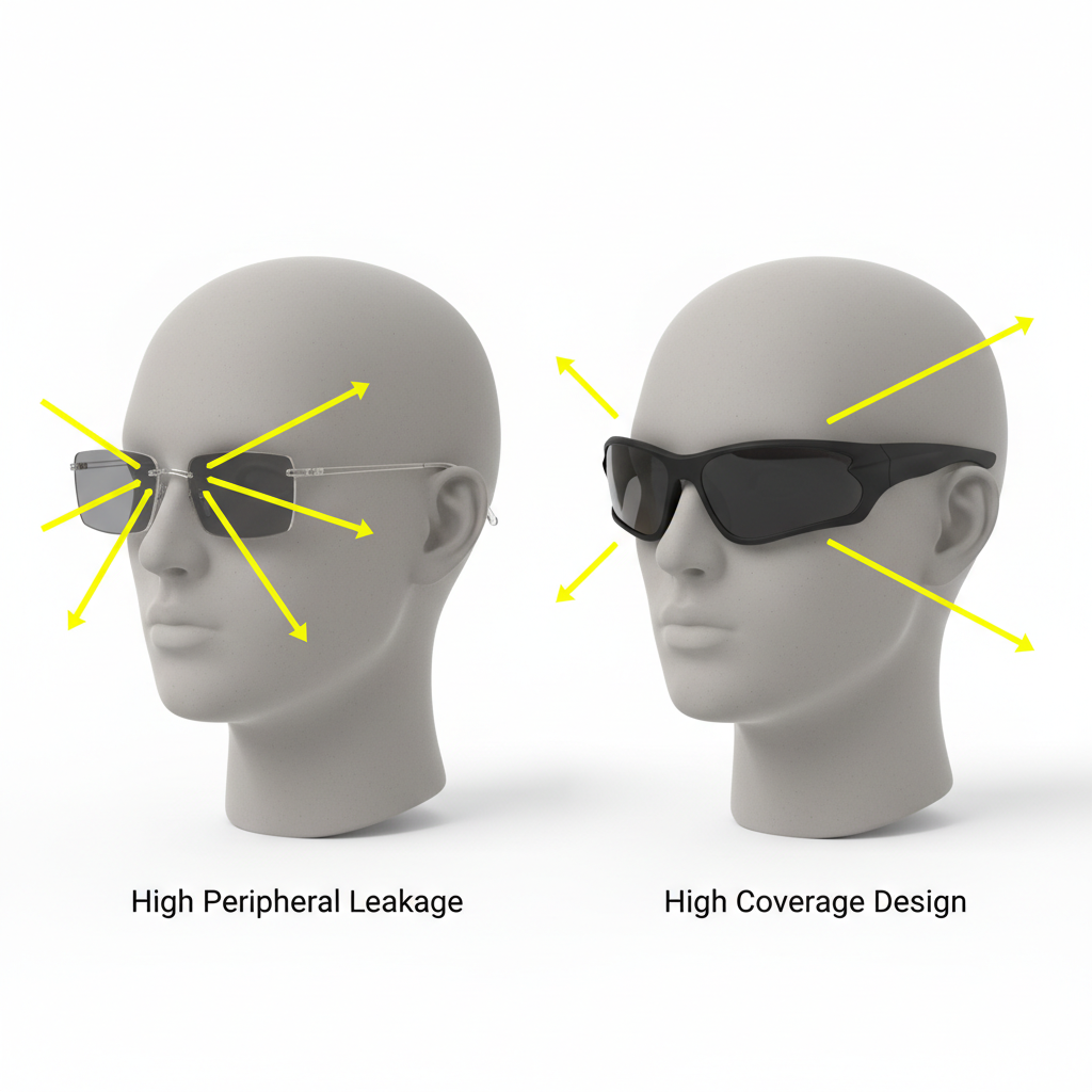 A diagram showing the difference in peripheral light leakage between a flat fashion frame and a wraparound sunglass frame.