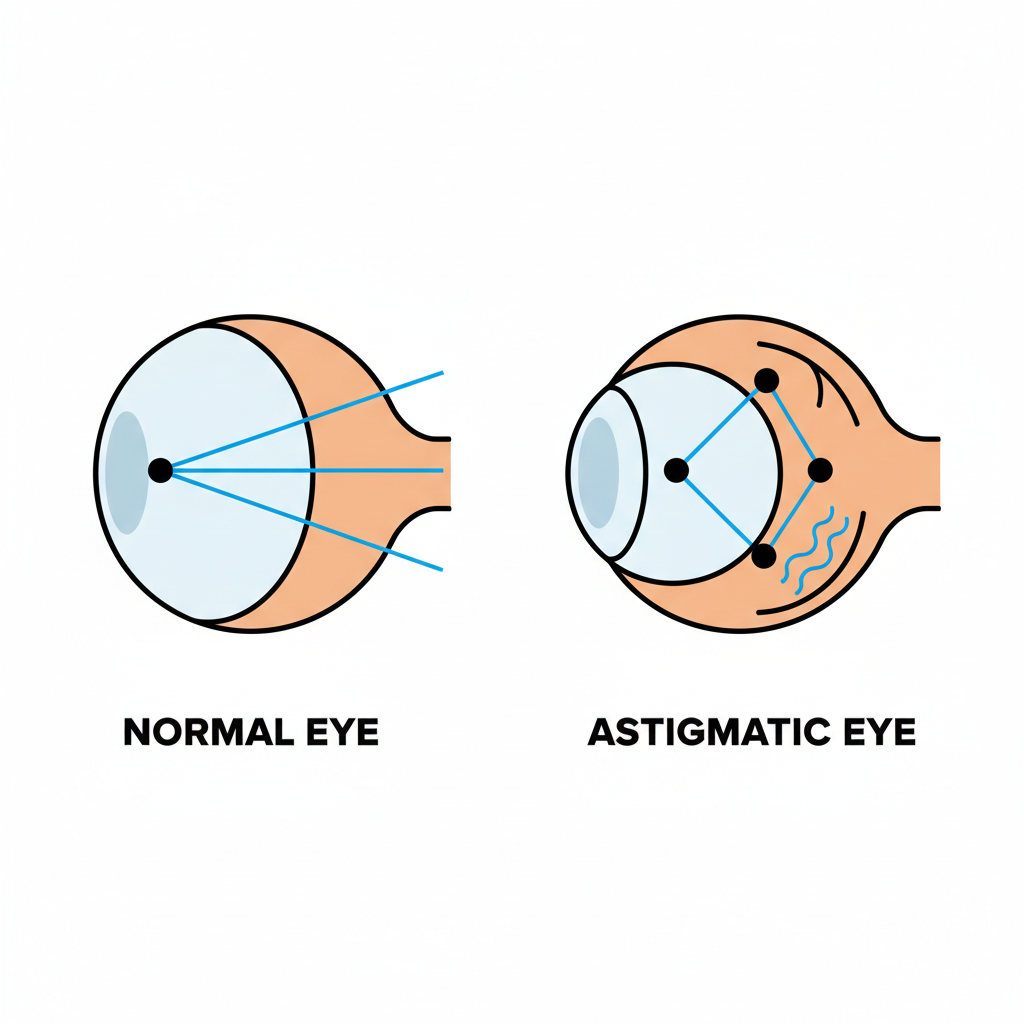 A clear diagram comparing a normal, spherical cornea to a toric cornea characteristic of astigmatism, with light rays focusing on multiple points instead of one.