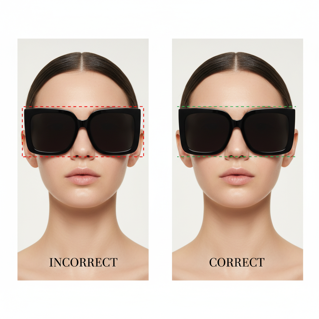 A close-up diagram illustrating the correct placement of oversized sunglasses in relation to the eyebrows. A dotted line shows the frame's top edge sitting just above the brow's arch, labeled The Sweet Spot.