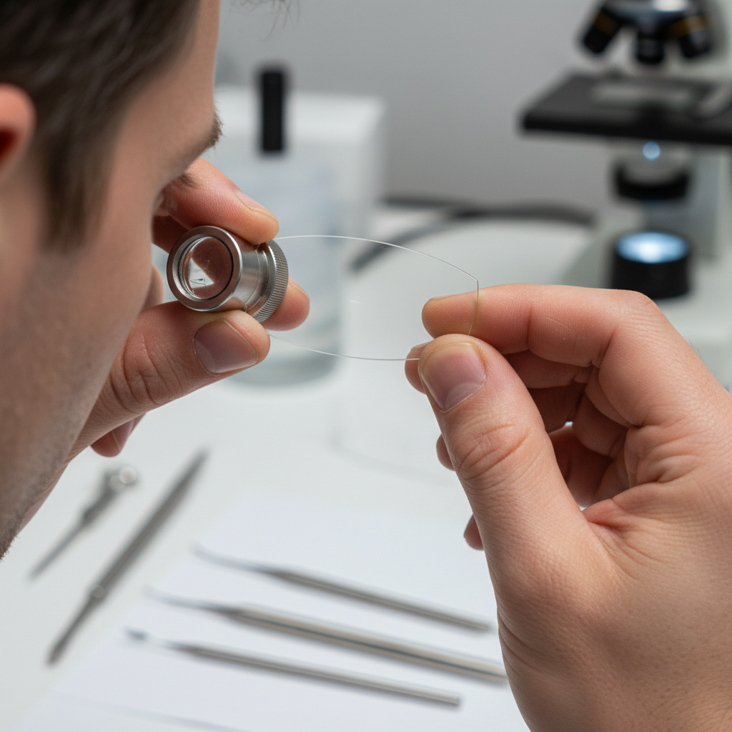A close-up photograph showing the hands of a skilled optician using a specialized tool to inspect the drill-mount hole of a rimless lens under bright, clean laboratory lighting.