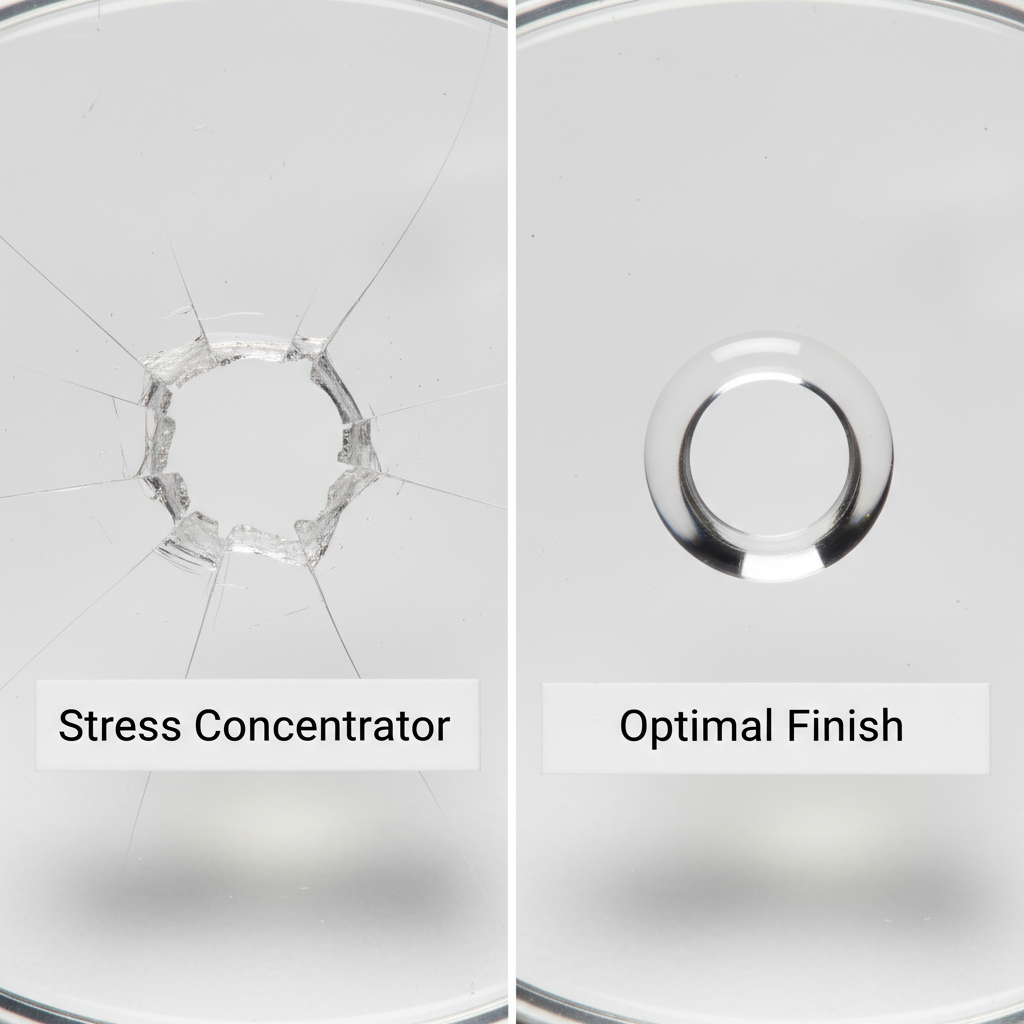 A macro photograph comparing two drill holes in a polycarbonate lens. One is rough and has micro-fractures, labeled 'Stress Concentrator.' The other is perfectly smooth and polished, labeled 'Optimal Finish.'