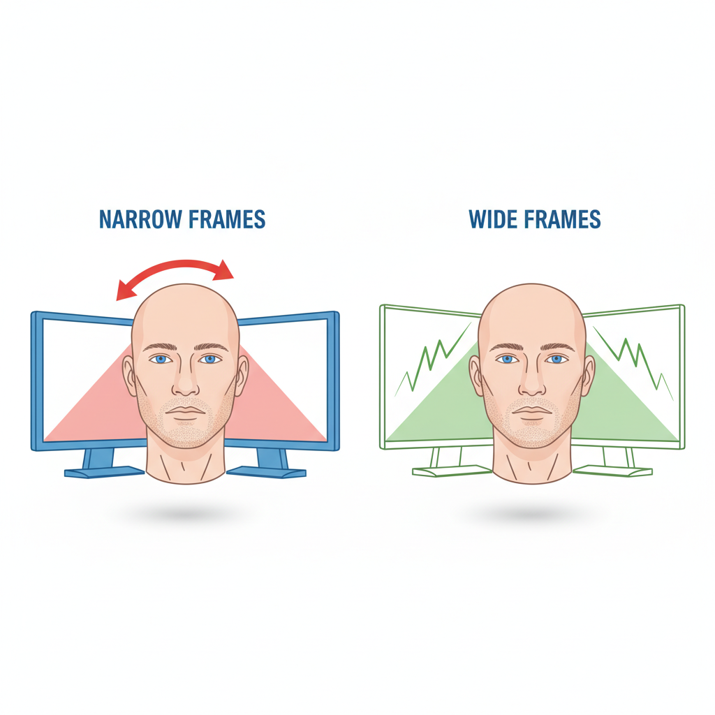 Diagram showing how wide frames allow for a larger field of view on dual monitors, reducing head and neck movement compared to narrow frames.