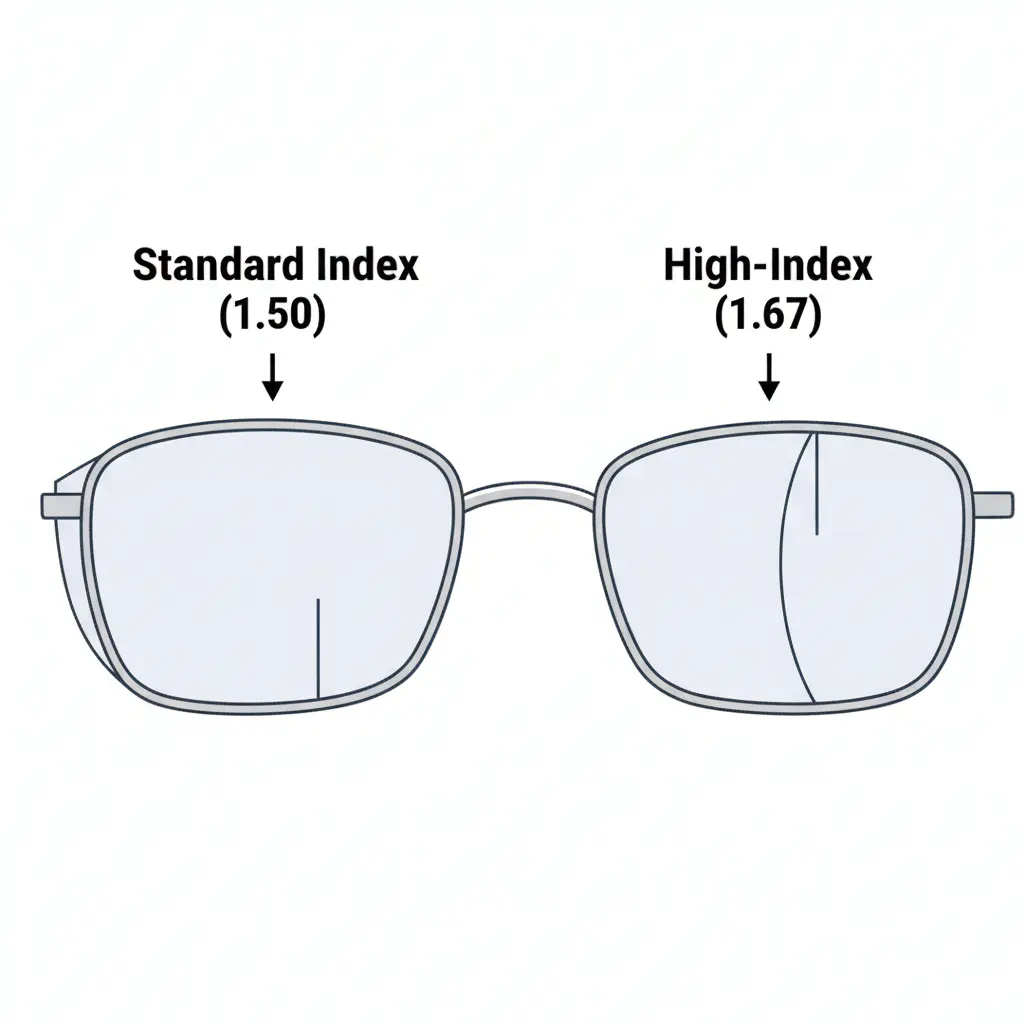 A diagram comparing the edge thickness of a standard lens versus a high-index lens in a minimalist frame for a high prescription.