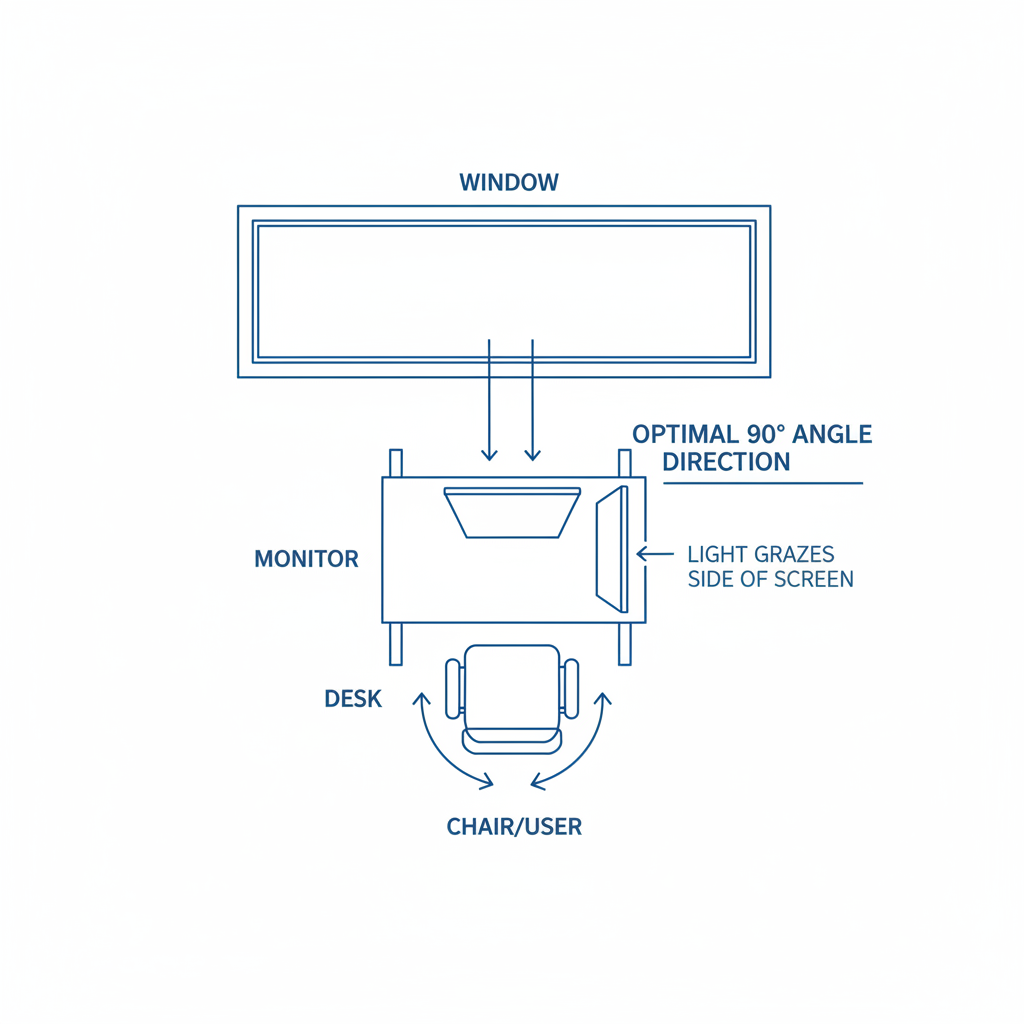A top-down architectural diagram illustrating the ideal home office layout where the monitor is placed at a 90-degree angle to the window to prevent glare.