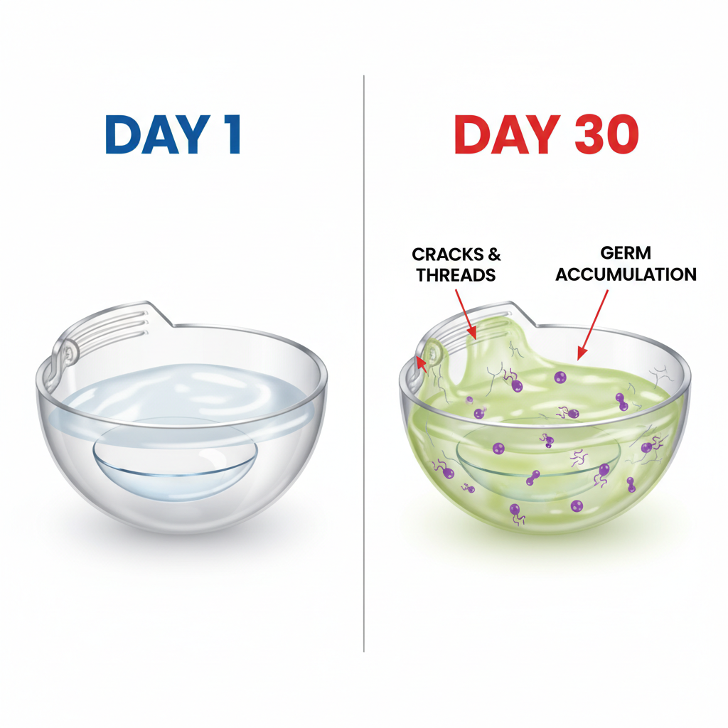 An infographic diagram showing how a contact lens case can become a breeding ground for bacteria over time.