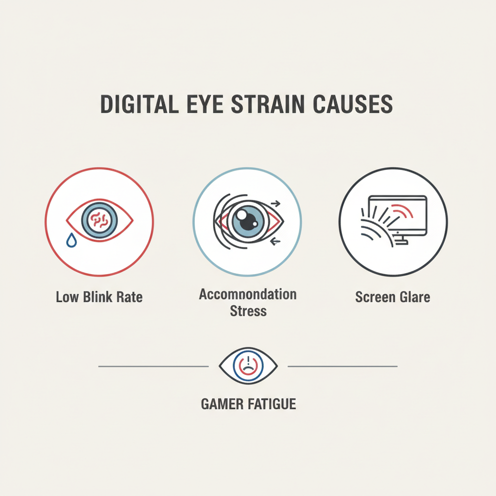 An illustration showing the primary causes of digital eye strain: reduced blinking, muscle fatigue from close focus, and screen glare.