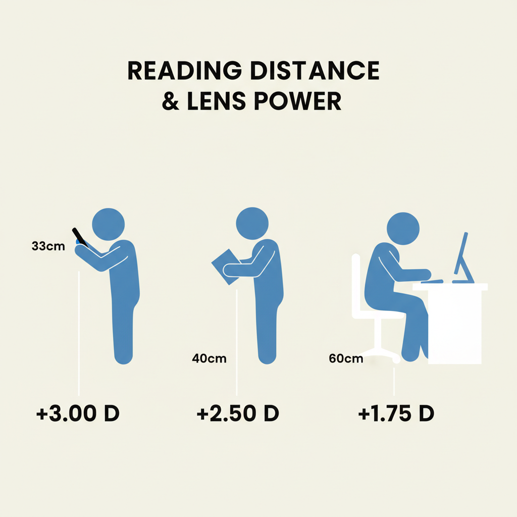 A diagram showing how different reading distances—for a phone, a book, and a computer—require different reading glass powers.