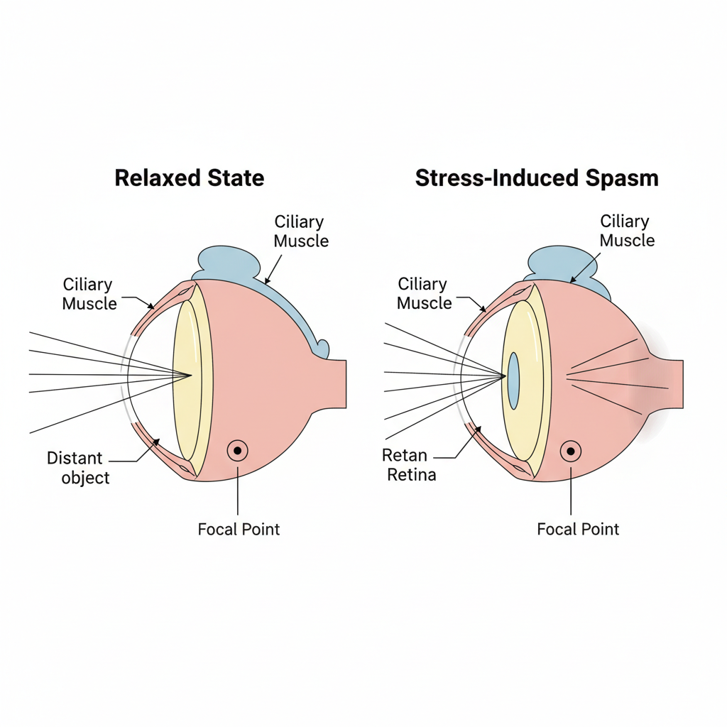 An anatomical diagram illustrating how ciliary muscle spasm from stress causes temporary blurry vision.