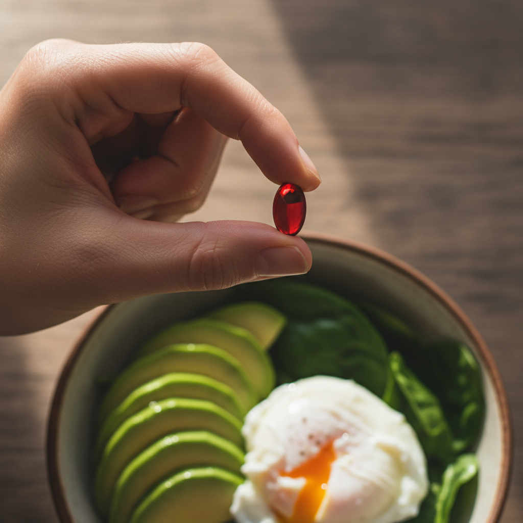 A person taking a red astaxanthin softgel with a healthy meal containing avocado.