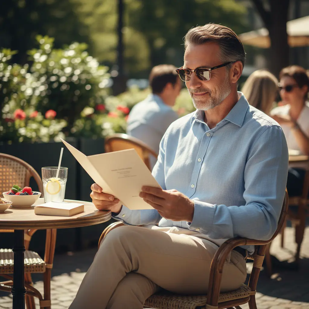 A sophisticated, mature man in his 50s wearing high-quality, stylish sunglasses while sitting in a sun-drenched outdoor cafe. He is looking at a menu with clarity, illustrating the intersection of style and functional eye protection.