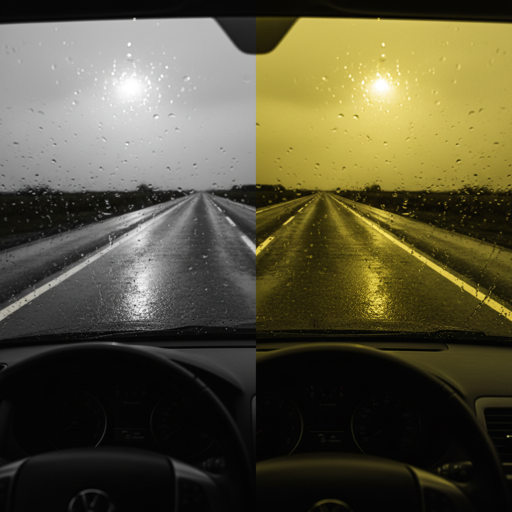 A point-of-view comparison showing a rainy, overcast road scene split in two. The left side is normal, with muted colors and glare on the wet pavement. The right side is viewed through a yellow-tinted lens, showing dramatically increased contrast, sharper road lines, and reduced glare.