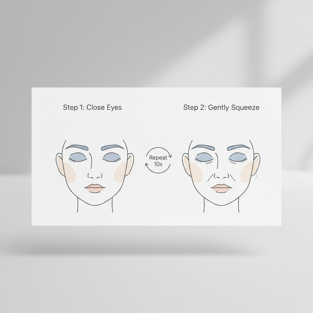 A diagram showing the two steps of the 'full squint' exercise to relieve an eyelid twitch: Step 1 shows eyes normally closed, Step 2 shows eyelids gently squeezed shut.