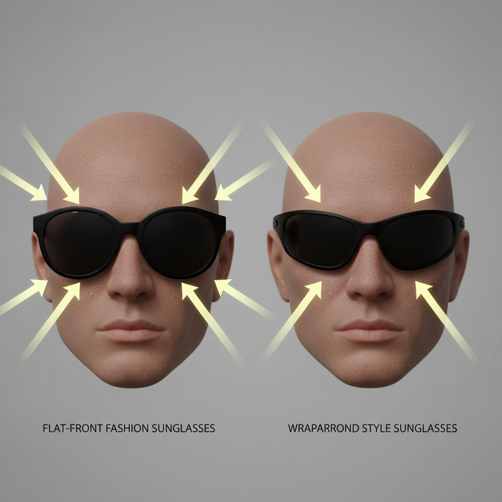 A top-down diagram comparing two head silhouettes wearing sunglasses. The first wears flat-front fashion sunglasses, with arrows showing sunlight leaking in from the sides and top. The second wears wraparound style sunglasses, showing a complete seal against the arrows of sunlight. Technical, clean, and easy to understand.