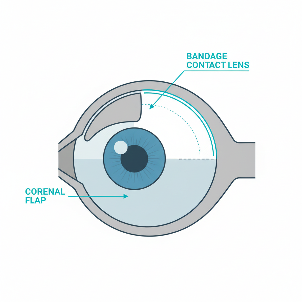 A simplified medical illustration showing a cross-section of the human eye after LASIK, highlighting the healing corneal flap and the protective bandage contact lens on the surface.