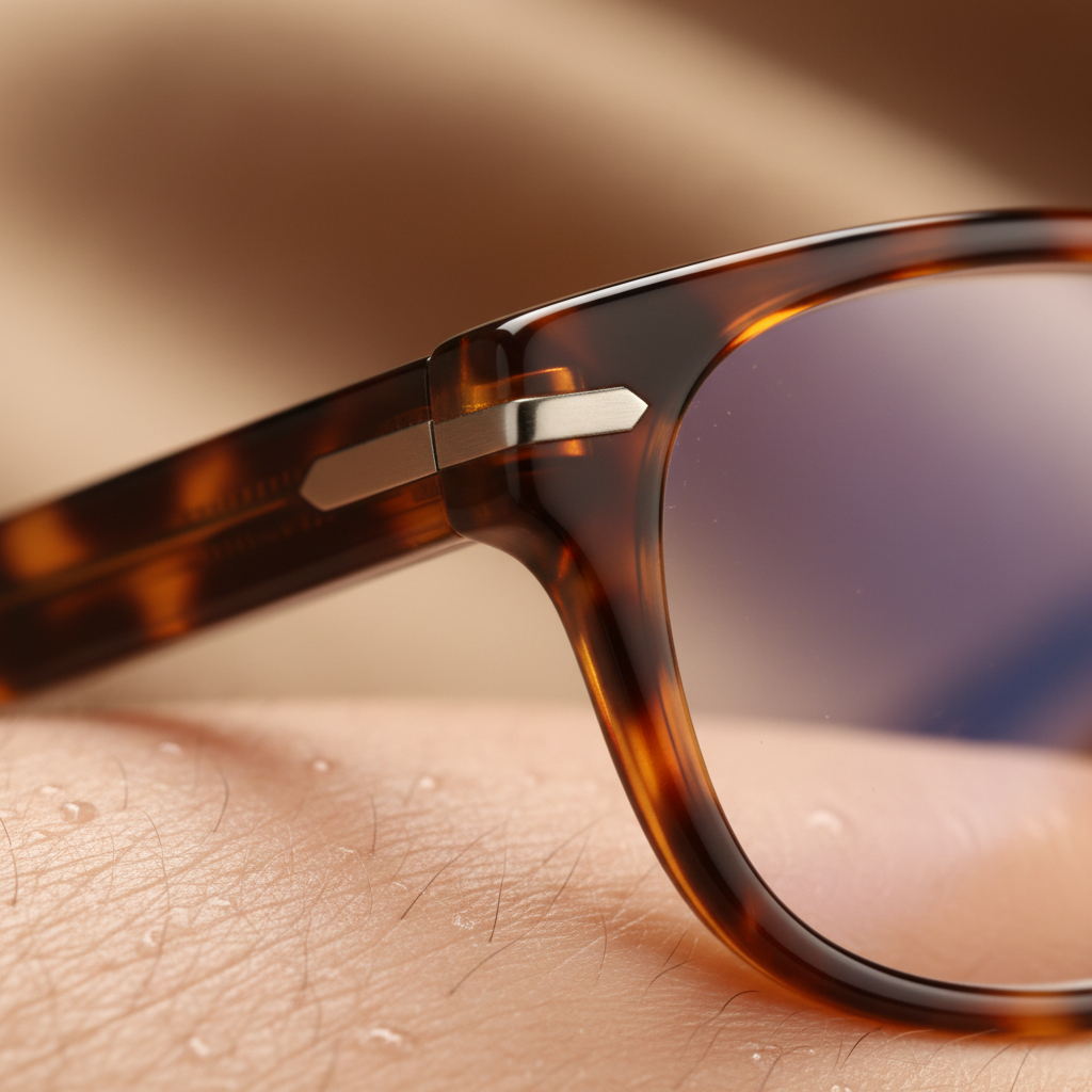 A close-up view of a stylish acetate eyeglass frame where the design cleverly hides the thickness of the high-prescription lens edge.