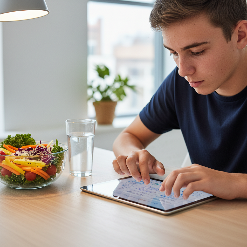 A teenager studying at a desk with a bowl of colorful vegetables and a glass of water, illustrating the connection between healthy diet and focus.