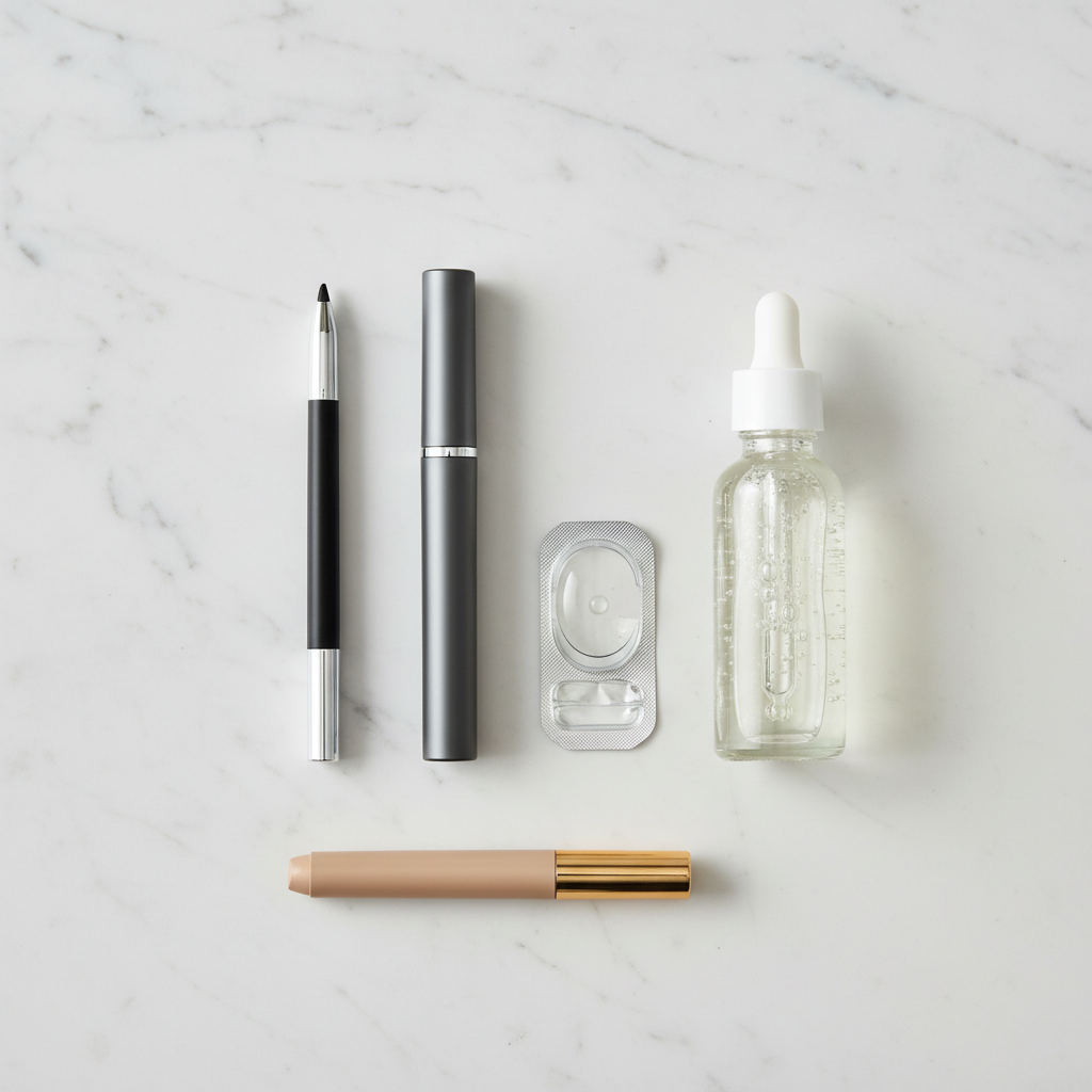 A flat lay of contact lens-friendly makeup products, including cream eyeshadow, tubing mascara, and oil-free remover, arranged neatly next to a blister pack of daily disposable contacts.