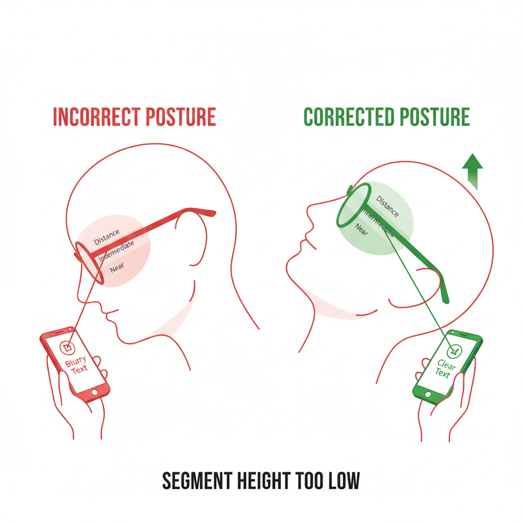 A diagram showing a face with glasses where the segment height is too low. An arrow indicates the person must tilt their head up and lift a smartphone to read it, as their natural downward gaze is not low enough to reach the near vision zone.